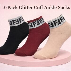 3-Pack Glitter Cuff Ankle Socks | Black, Burgundy & Cream | Buy 3 Get 1 Free